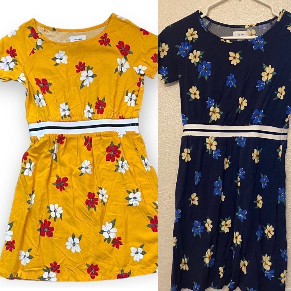 Old navy girls blue yellow Floral short sleeve rayon dress bundle set L 10/12